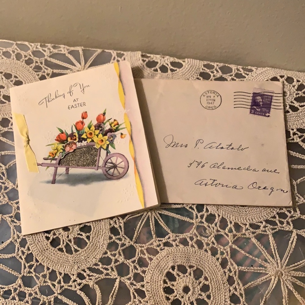 VINTAGE EPHEMERA Easter Card plus 3 cent cancelled stamp circa 1947